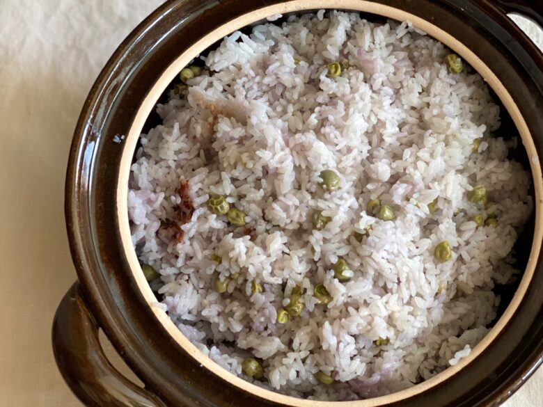 紫えんどう豆（ツタンカーメン豆）の炊き込み土鍋ご飯-3